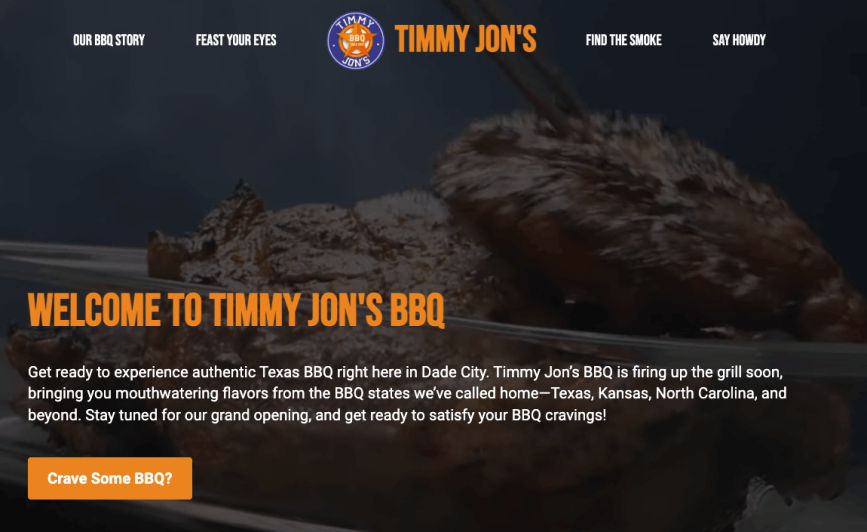 Timmy Jon's BBQ website design showcasing authentic Texas barbecue in Dade City, Florida